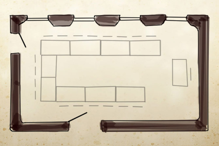 Skiss planritning konferensrum Bryggarsalen