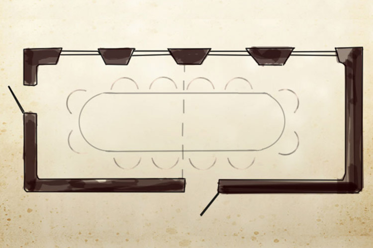 Skiss planritning på konferensrum Pastoren och Klockaren på Långholmen